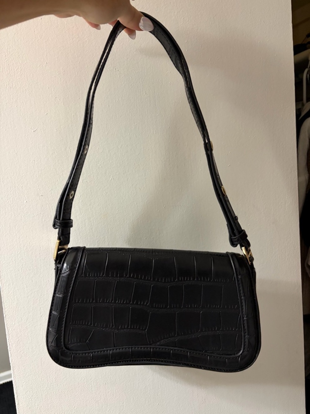 Black Croc-Embossed Shoulder Bag with Gold Accents